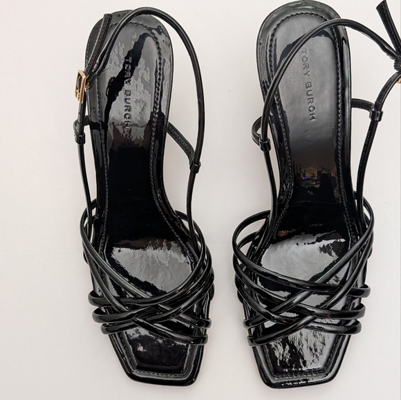 Tory Burch MULTI-STRAP ESPADRILLE WEDGE Black Patent Leather Sandals 7.5 - Picture 2 of 8